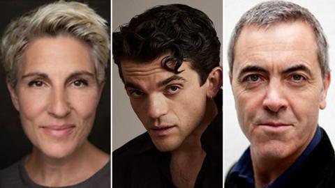 A split image of Tamsin Greig, Edward Blueme, James Nesbitt