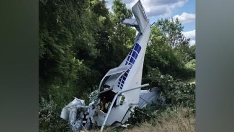A plane that has crashed into the ground, with trees behind it. There is blue paint on it. The front of the plane is mangled. 