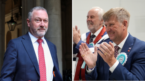A composite photo of two people. On the left, Steve Reed is wearing a navy blue suit and red patterned tie. He is walking left to right. On the right, looking into the centre of the frame, is Peter Harris, applauding at an election count. He wears a navy blue suit, a turquoise blue rosette and a pink and blue patterned tie.