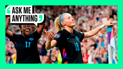 Chloe Kelly and Michelle Agyemang celebrating with an Ask Me Anything border around them 