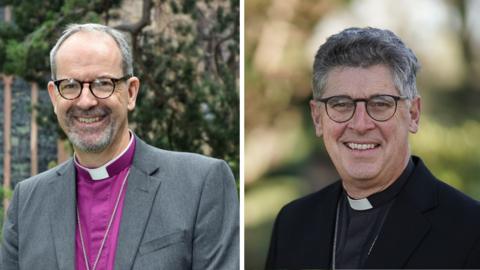 A composite image of a man with short grey hair and glasses wearing a purple clerical shirt and collar with a grey jacket, and a man with short grey hair (but slightly longer) and glasses wearing a black clerical shirt and collar with a black jacket. Both are smiling at the camera.