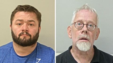Matthew Isherwood (left) and Kevin Dawson's mugshots. Isherwood has short dark hair and a beard nd is wearing a blue tshirt and Dawson has short white hair, a goatee and glasses. He is wearing a black polo shirt