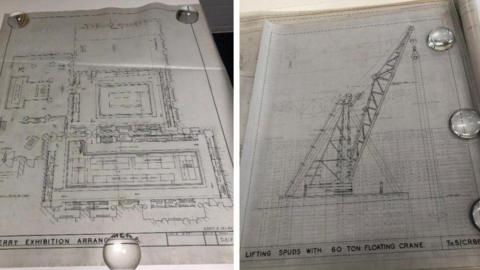 Black and white technical sketches. One says Mulberry Exhibition Arrangements and the other says LIFTING SPUDS WITH 60 TON FLOATING CRANE