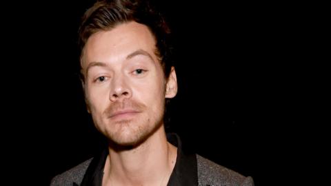 Harry Styles, with short dark hair and stubble, looks directly into the camera, wearing a grey jacket with a black lapel 