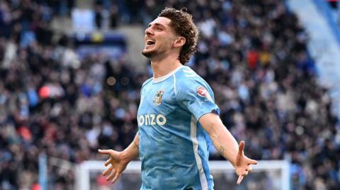 Jack Rudoni celebrates scoring for Coventry against Stoke