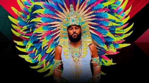 A man in a colourful costume.