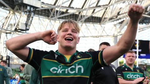 Northampton's Henry Pollock celebrates his side's European Champions Cup win at Leinster