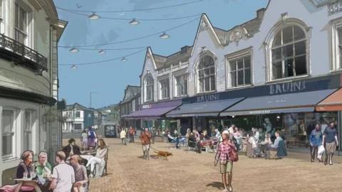 An artist's impression of how Mexborough could look after regeneration with lots of people walking along the High Street, sitting outside cafes and shopping
