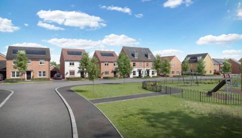 Illustrative image of proposed 125 homes development on land off Princess Avenue, March, Cambridgeshire. Its shows a row of newbuild houses with solar panels and a children's playground across the road. 