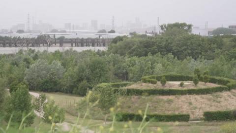 In the distance, is the River Thames. There is a mound with hedges on in the foreground and some trees.
