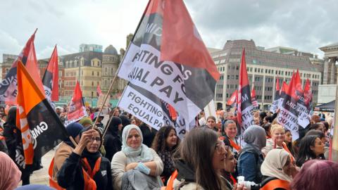 Protestors from the GMB union outside the headquarters of Birmingham City Council in 2024.