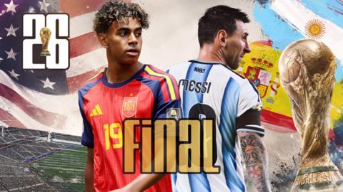 Lamine Yamal and Lionel Messi with flags, pitches, trophy etc