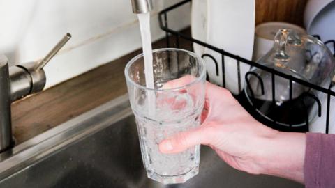 Hand holding a glass of water under a running tap.