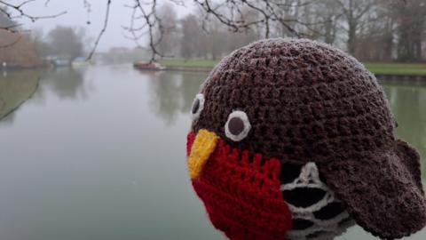 A knitted robin looks out over a river on a gloomy looking day. Trees can be seen in the background under a grey sky.