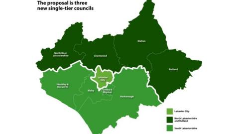 Map of proposed council areas drawn up by Leicestershire districts and boroughs