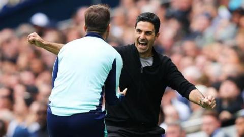 Mikel Arteta celebrates Arsenal scoring against Tottenham in the Premier League