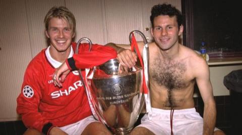 David Beckham and Ryan Giggs with the European Cup between them in the dressing room in 1999