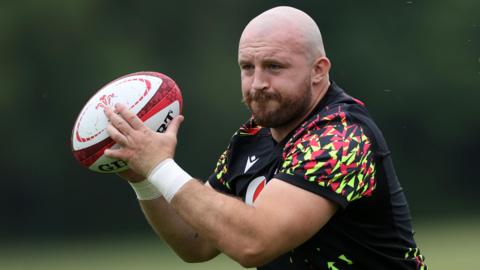 Dillon Lewis with the ball in training for Wales ahead of the Barbarians game