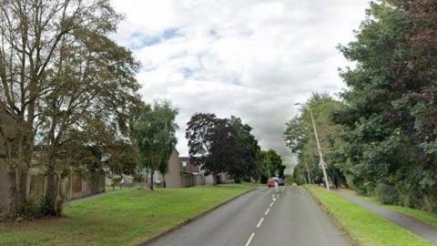 A road that has grass and trees on either side. Vehicles can be seen travelling forwards and there is a lamp-post visible on the right hand side.