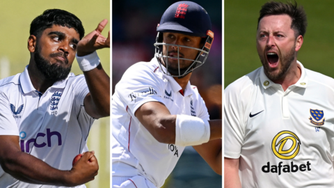 Action pictures of Rehan Ahmed, left, Emilio Gay, centre, and Ollie Robinson