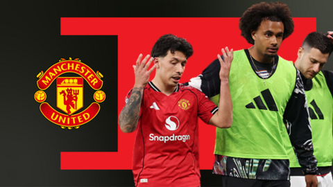 Lisandro Martinez and Joshua Zirkzee, in front of a red and black background and the Manchester United club badge