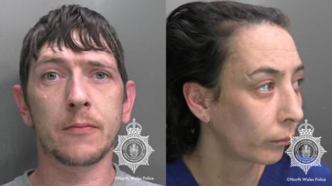 A composite image of Thomas and Kayleigh's police headshots. Thomas, on the left is looking straight at the camera and has short dark hair. He is wearing a grey t-shirt. Kayleigh, on the right is looking away from the camera. She has medium length dark brown hair and is wearing a blue top. 