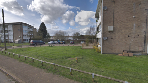 A Google Maps image of blocks of modern built flats in Tadworth, with stretches of grass between them.