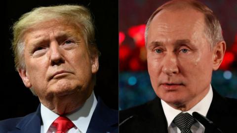 A composite photo of Donald Trump on the left and Vladimir Putin on the right.