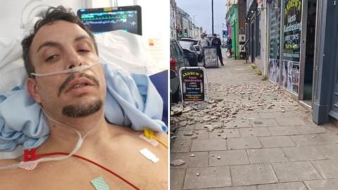 Leandro Varela Dominguez lies in a hospital bed. He is shirtless and connected to monitors and a nasal canula for oxygen. He has short brown hair and a short beard and moustache. A monitor screen is visible in the background. In the image on the right there is a heap of fallen masonry scattered across the pavement of a high street. Signage for Andrew's Gentleman Hairdresser is visible on the closest shop. Members of the public can be seen filming in the distance.