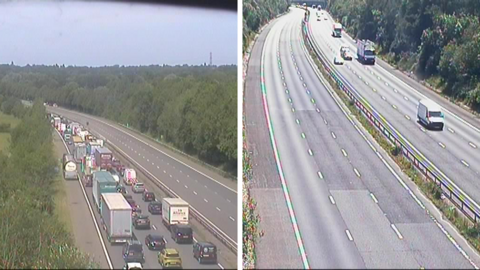 Side by side image of the M40 motorway, showing congestion and traffic building up on one side of the carriageway