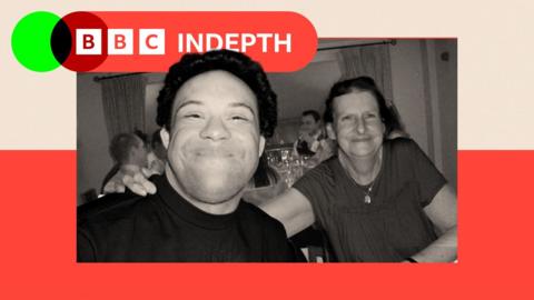 A black and white image of Daniel Lindsay next to a family member