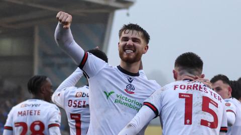 Bolton's John McAtee celebrates scoring at Shrewsbury