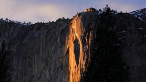 Sunlight hitting Yosemite's El Capitan waterfall.