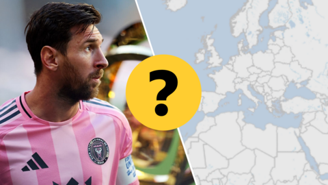 Inter Miami's Lionel Messi in the left half of the picture with a map of the world in the right half. A question mark is in the centre