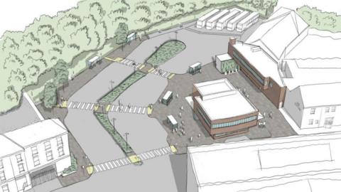 A digital image showing the plans for the transport hub, which shows shelters and trees around the building. 