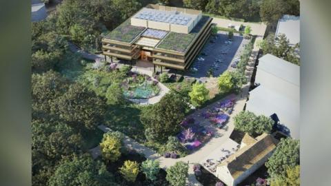 A bird's eye illustration of the new science building, with The Priory pub in the bottom right of the picture. 