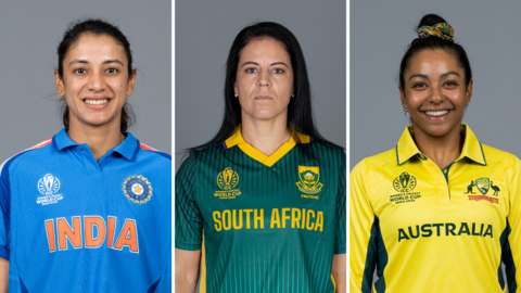 A split graphic of India's Smriti Mandhana, South Africa's Marizanne Kapp and Australia's Alana King