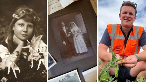 A composite of three images: a black and white photograph of the Cottingley Fairies, a black and white photograph from a wedding day and a farmer crouching in a field