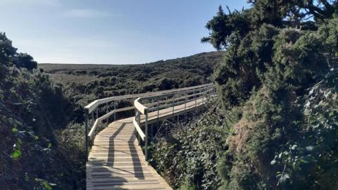 A modern wooden path which winds around it is sits above a hilly terrain, on a clear blue day.