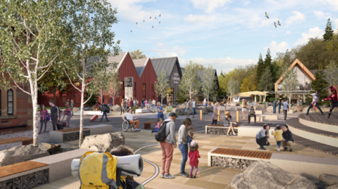 Art depicting the proposed Flamingo Land resort on the banks of Loch Lomond. Modern buildings line a street with benches and trees. Families walk around the open space 
