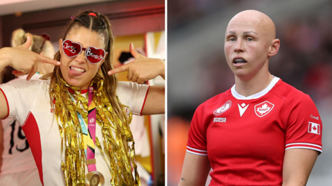 Left, Jess Breach, wearing heart-shaped sunglasses with her name written on and her World Cup winner's medal around her neck, along with gold ribbons, and right, Olivia Apps wearing a Canada kit
