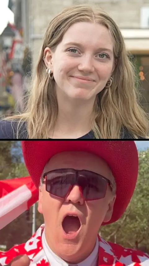 A vertical split image with a smiling woman with blonde hair at the top, and a man with sunglasses and mouth wide open on the bottom. 