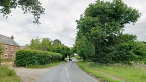 A screenshot from Google Streetview of a road in the countryside surrounded by trees and long grass. A brick house is on the left side of the road. 