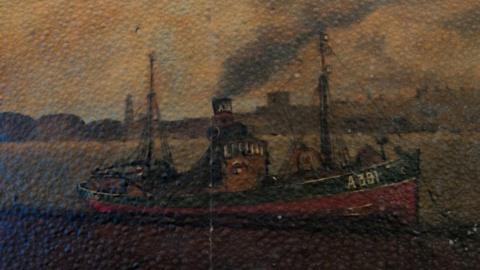 A dark section of the 1956 painting showing the Abergeldie sea trawler, with a red hull and smoke coming out of a shimney, in tones of muted brown.