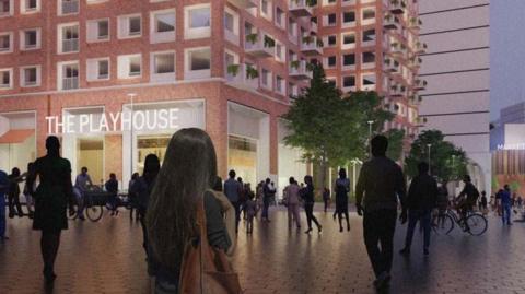 A computer-generated image of a development. People walk on a square outside a high-rise building with multiple windows. The Playhouse is written on the lower floor frontage. It is dusk and the building is brightly lit.