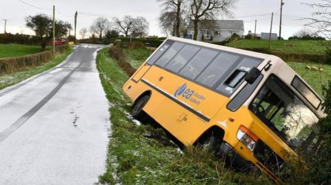 A yellow education authority school bus is sitting sideways in a grassy ditch beside a visably icy road. 