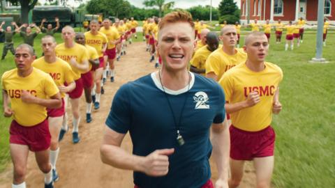 Max Parker as Sgt Sullivan, who has red hair and wears a blue sports top, shouts as he leads a training run of two rows of recruits behind him. The recruits are shaven-headed and wear yellow tops and red shorts. They are running through a field outside their training building.