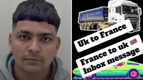 A composite image of a police mugshot showing a man with short dark hair and a grey hoodie. The right image features an advert for cross channel journeys. Text reads "Uk to France, France to UK, Inbox message"
