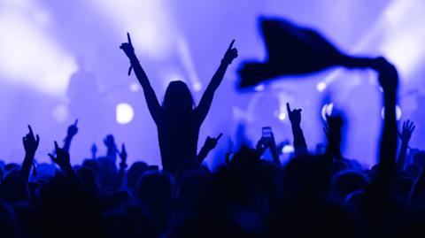 A generic scene of revellers reacting to live music. One person is shown on the shoulders of another rising out of a crowd of people with the hands in the air while a band plays in the background.