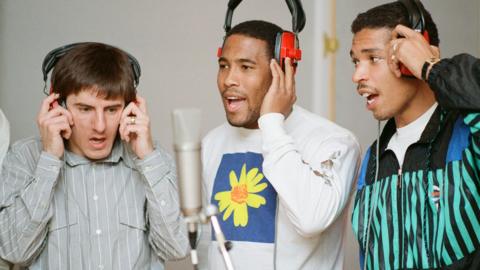 Peter Beardsley John Barnes Des Walker recording World in Motion in 1990